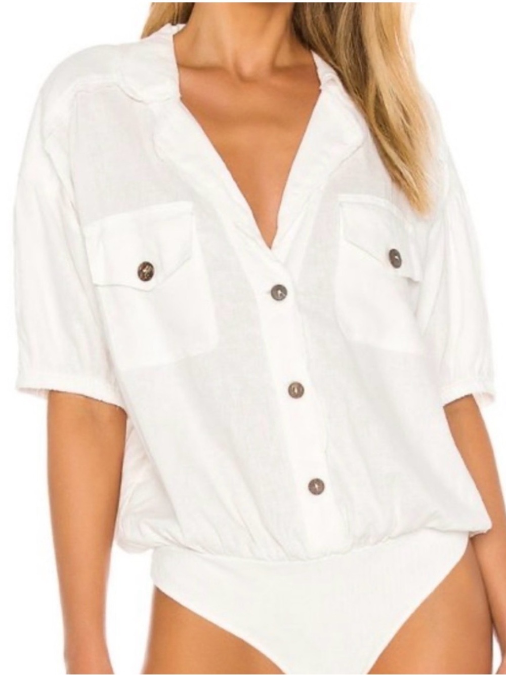 Free People Cream Ribbed Tee with Subtle Label Detail